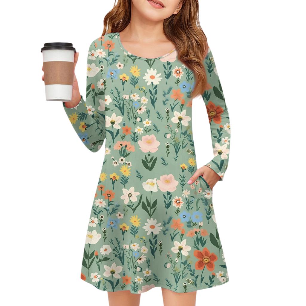 Girls' Long Sleeve Dress - Color Pocket Dress
