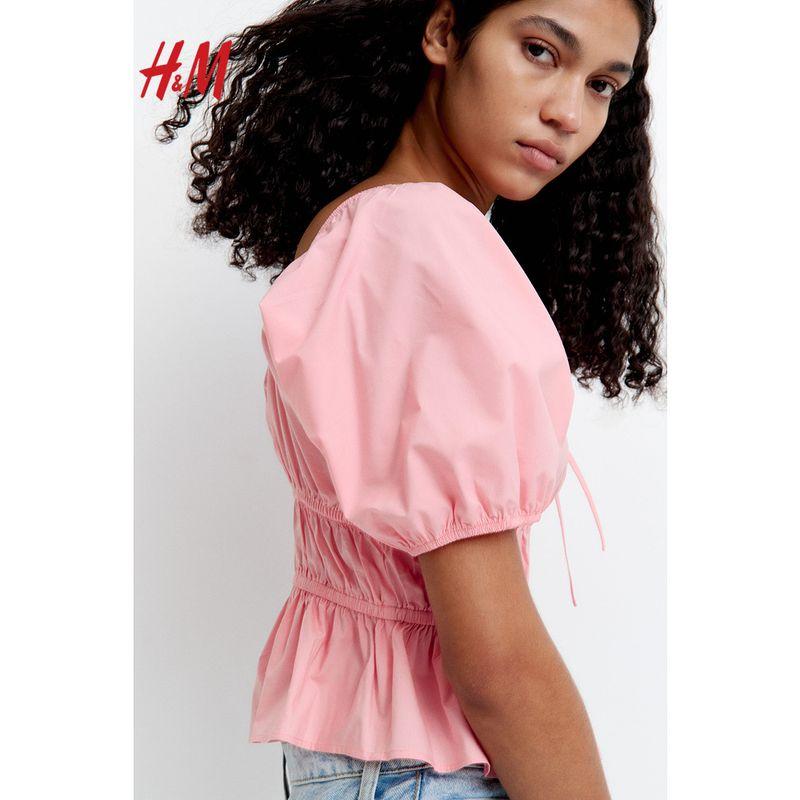 

HM 2025 Лето Новая Женская одежда Мода Повседневный Повседневный Топ из поплина с рукавами-буфами 1282175 Light pink 165/96