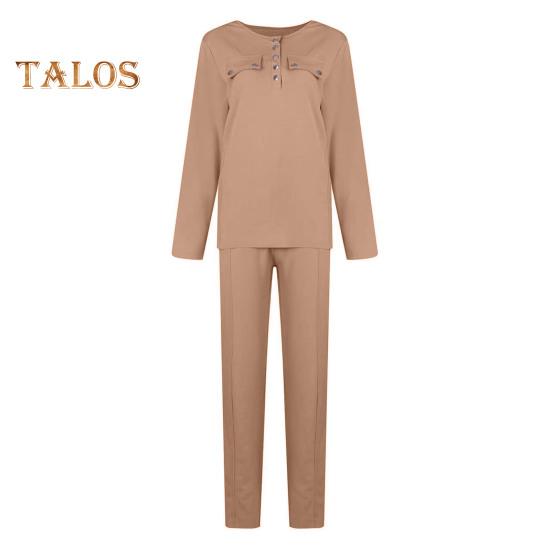 2 Teile/satz Damen Top Hosen Anzug Rundhals Langarm Einfarbig Bluse Elastische Taille Slim Fit Hose Alltagskleidung Sport Outfit Herbst Frühling