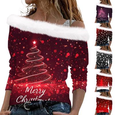 Langarmshirts für Damen, modischer, lockerer Pullover mit Weihnachtsdruck und schulterfreiem Schnitt für Damen