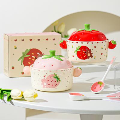 Cartoon Strawberry Cute Girl Noodle Bowl Household Instant Noodle Bowl Ceramic Binaural Bowl with Lid Tableware Gift Bowl Cover~