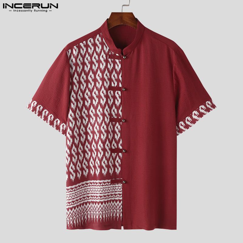 INCERUN Men Stand Collar T Shirt Vintage Printed Short Sleeve Tops