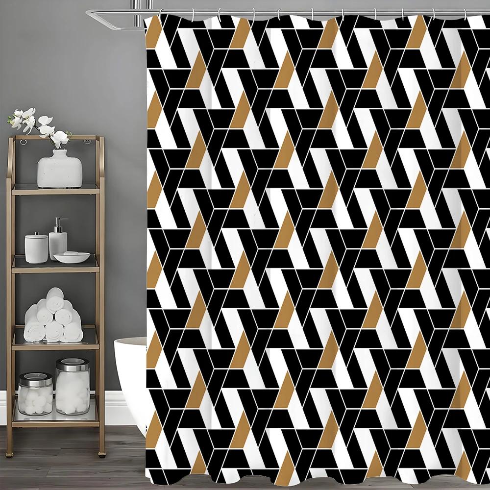 Modern Creative Geometric Pattern Black Brown Shower Curtain, Bathroom Decorative Shower Curtain, Waterproof Shower Curtain With