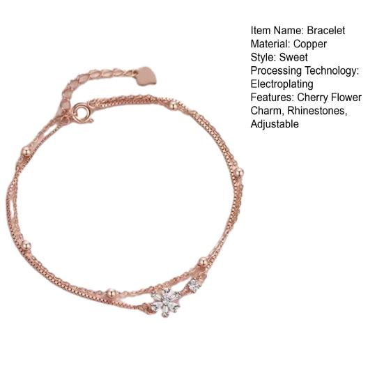 Women Bracelet Double-Layer Cherry Blossom Pendant Bracelet with Rhinestones Inlaid Hollow Design Adjustable Length Bracelet