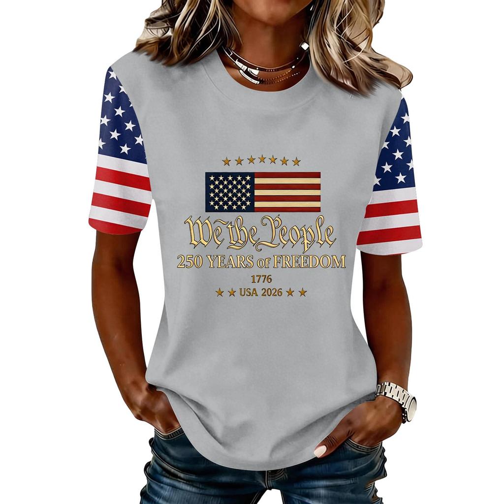 Blusa Feminina da Moda Casual de Manga Curta com Estampa e Gola Redonda