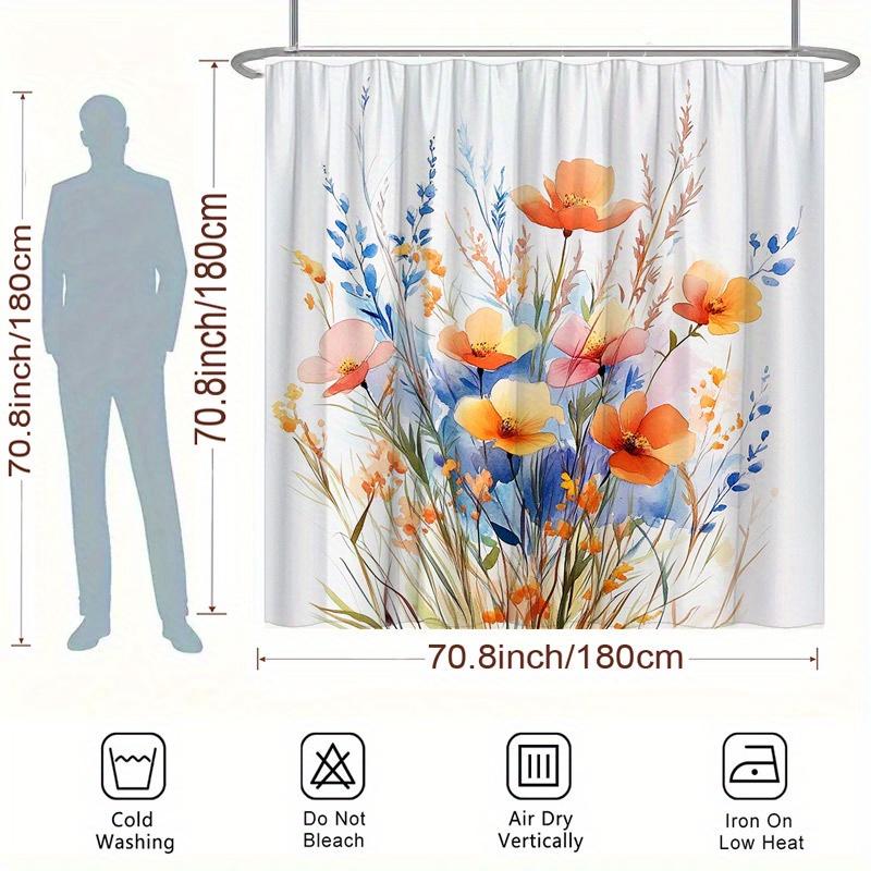 Orange Poppies & Blue Floral Watercolor Shower Curtain - Polyester Woven, 12 Hooks,Washable & Line Dry, Fashionable Home Decor