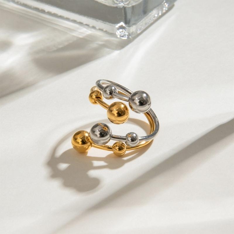 Chic Ring With Gold And Silver Color Mix Double Opening Adjustable Feature Spherical Ball Elements For Trendy Accessories