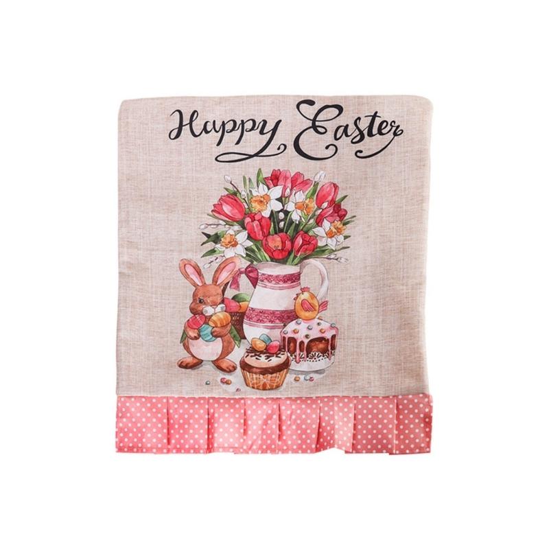 

Rabbit Gnome Chair Back Cover Easter Holiday Party Ruffle Hem Chair Slipcover Washable Linen Furniture Protective Cover