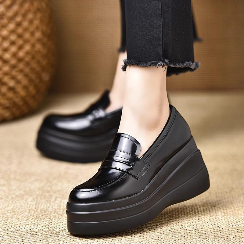 New retro wedge heel small leather shoes round head small height-increasing platform shoes spring fashion soft leather high-heeled loafers