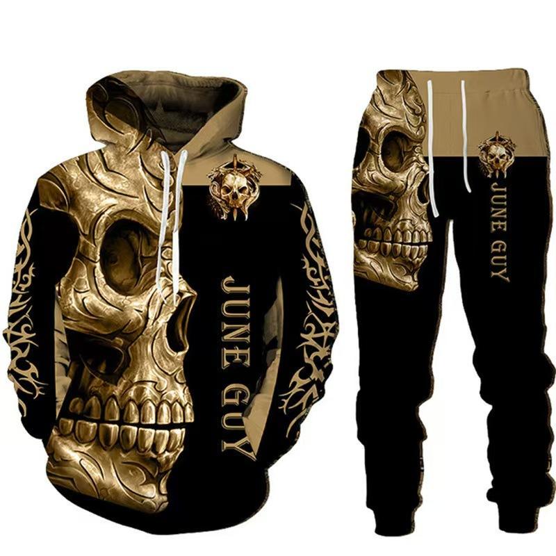 Hot Sale, Stylish 3D Skull Print Punk Sportswear, Pants Hoodie Couple Suit Street Trend