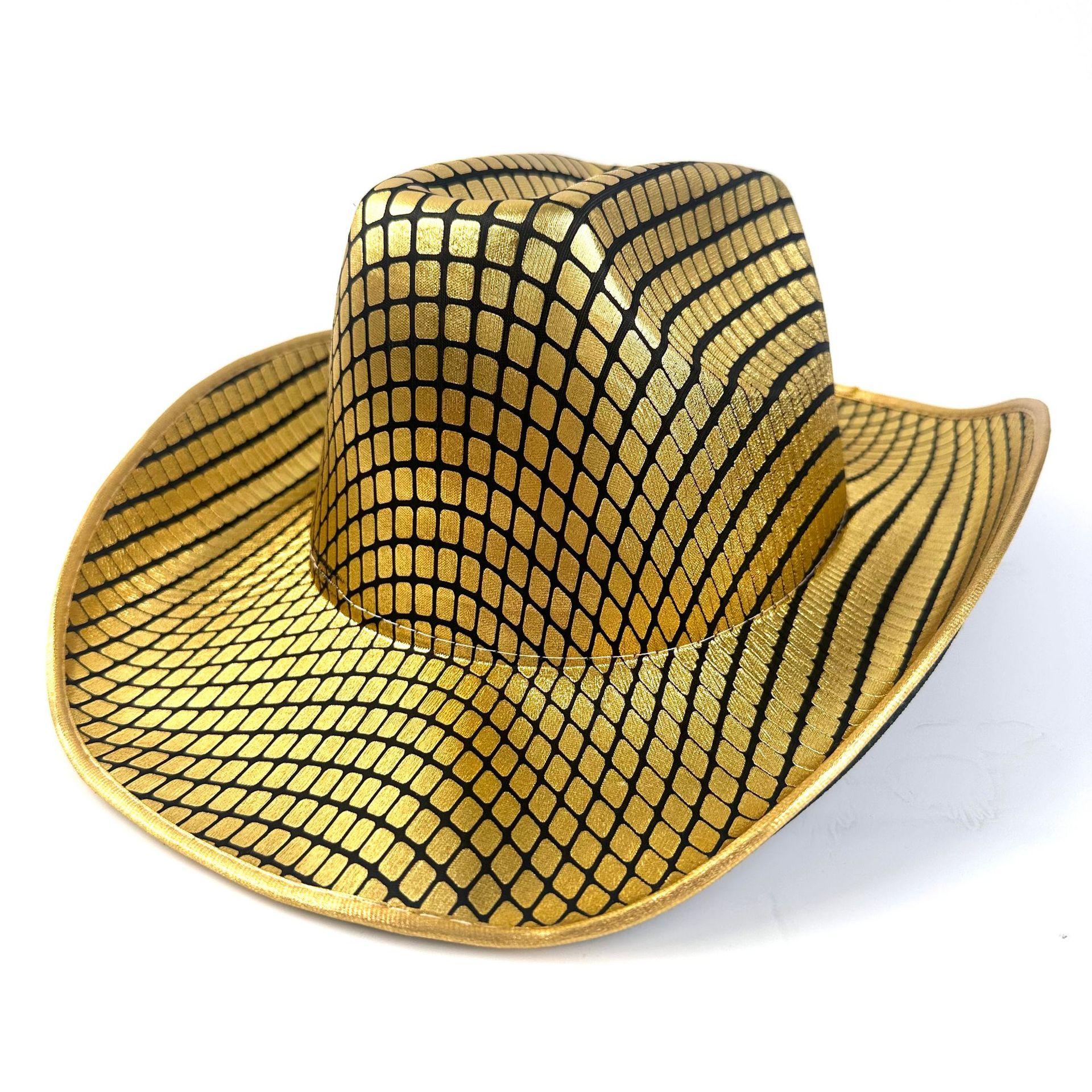 

Bronzing Cloth Gold Plaid Western Cowboy Hat Ballroom Style Silver Halloween Hat Men S And Women S Top Hats M（56-58cm） золотий