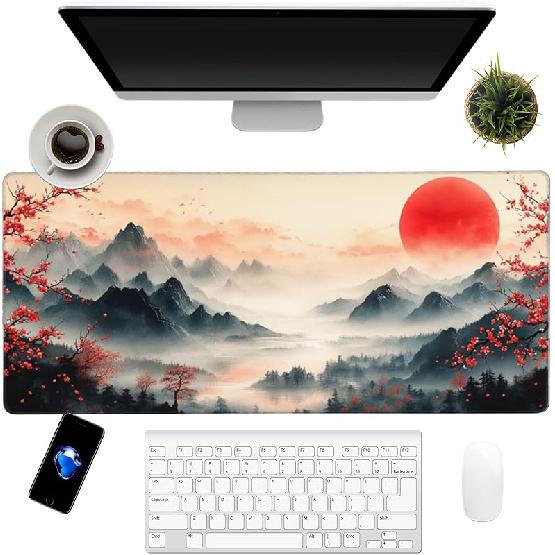 Japanese Cherry Blossoms Art Mouse Pad 31.5"x12" Large - Japanese Traditional Design Water-Resistant Surface Desk Mat with Non-Skid Base for