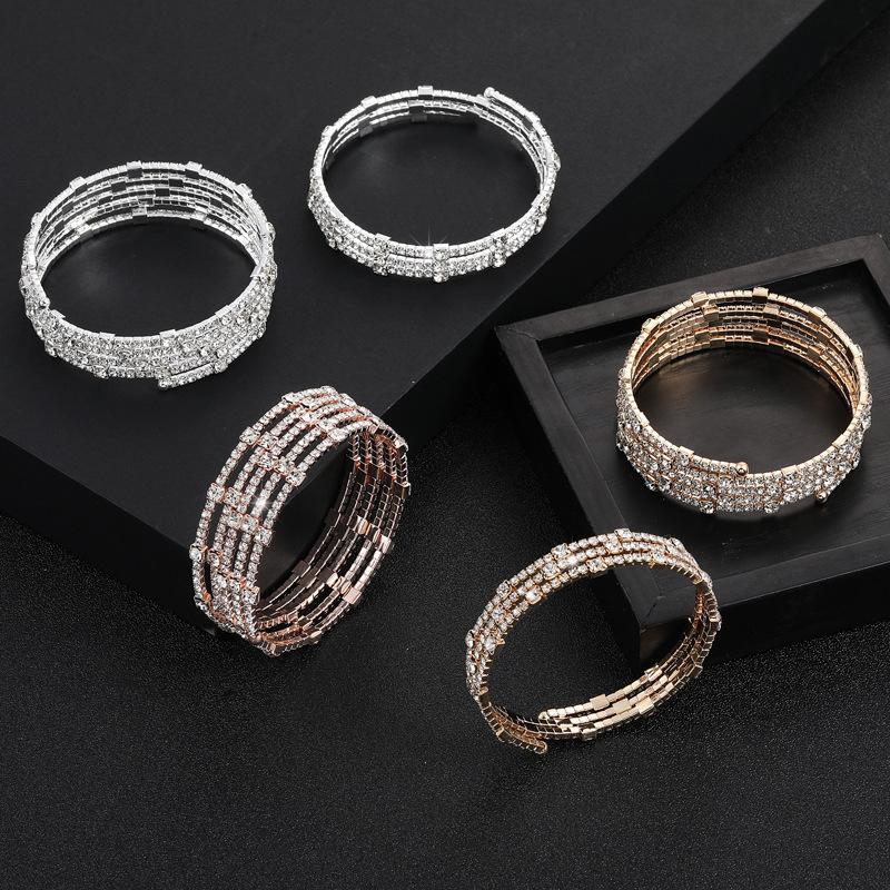Claw diamond multi-row winding bracelet full diamond steel wire wide bracelet bride diamond-set opening elastic bracelet