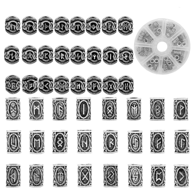 

48 Pcs/set Viking Rune Beads Norse Dreadlock Beard Bead Necklace Silver DIY Jewelry Hair Decor for Women Braiding Ties 1