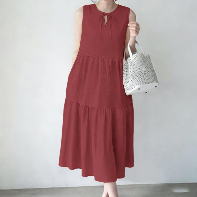 ZANZEA Women Casual Round Neck Loose Sleeveless Dress