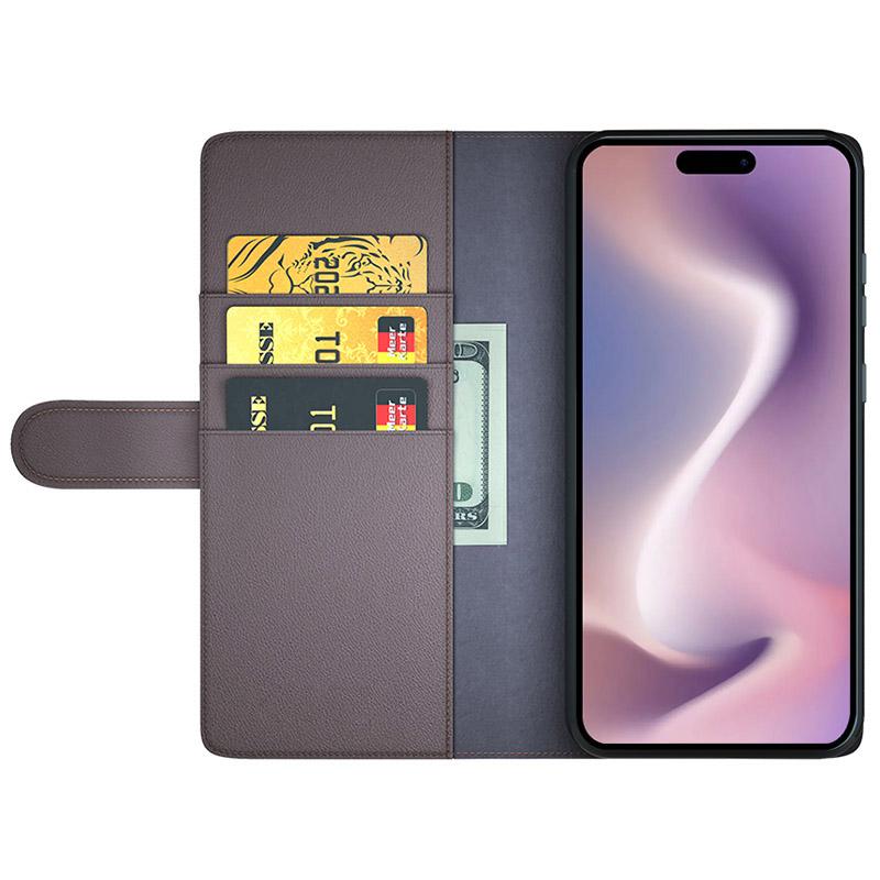 

For iPhone 16 Case Genuine Split Leather Phone Cover with Wallet Stand Brown