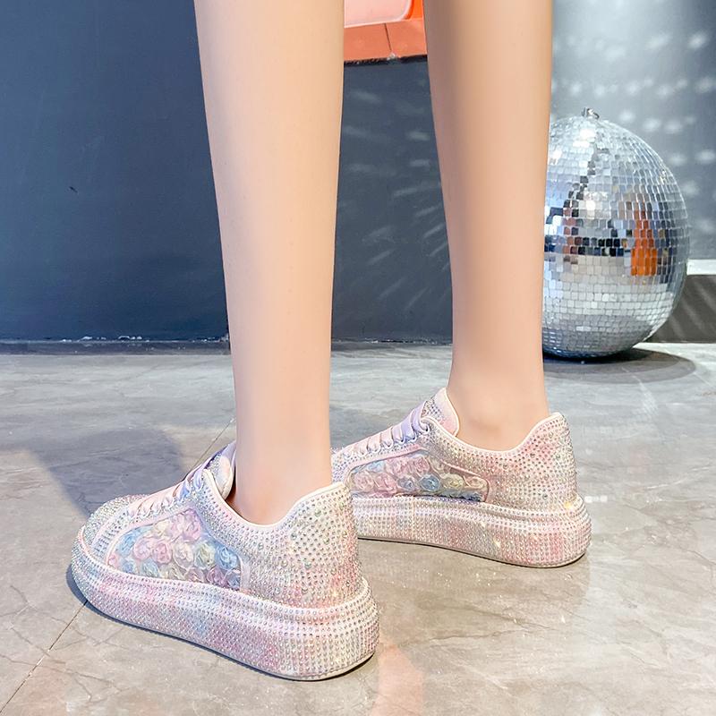 Fashion 4.5cm Micrifiber Synthetic Leather Autumn Chunky Sneakers Crystal Breathable Platform Wedge Women Vulcanize Bling Shoes