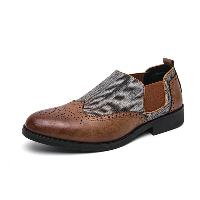 Plus Size Men s British Brogue Leather Shoes with Fabric Patchwork - Retro Spring & Autumn Style 44 коричневый