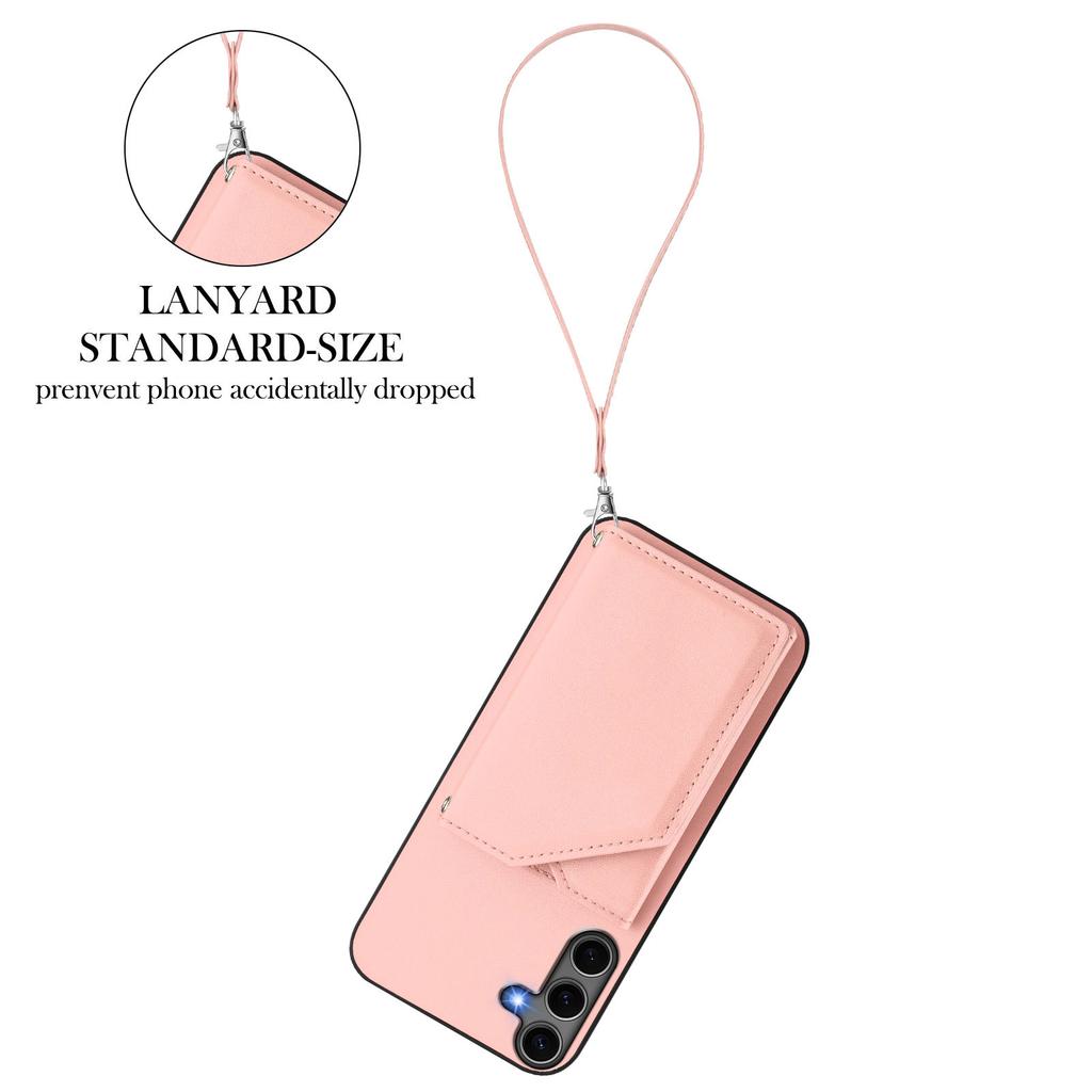 For Samsung Galaxy S25+ Case Card Holder Kickstand Skin-Touch Phone Cover with Wrist Strap