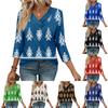 Womens 3/4 Sleeve Daily Weekend V Neck Casual Printed Tshirts Loose Fit Pleated Tees Button Down Shirts