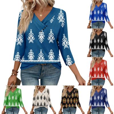 Womens 3/4 Sleeve Daily Weekend V Neck Casual Printed Tshirts Loose Fit Pleated Tees Button Down Shirts