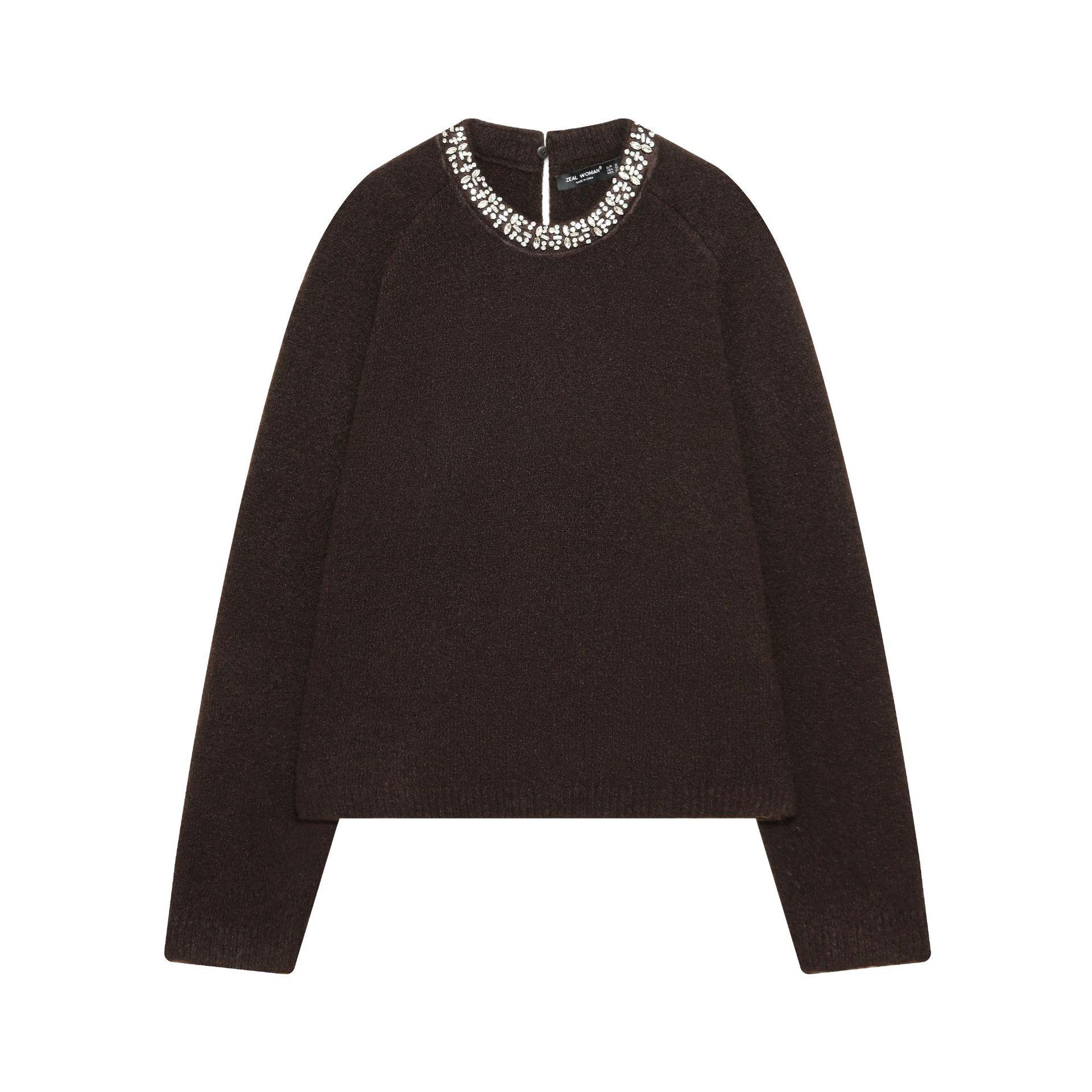 European Fashion Beaded Collar Long Sleeve Knitwear Small