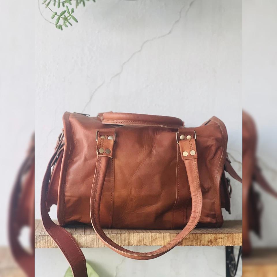 Detailed Finished Bag Genuine Goat Leather Travel Gym Duffle Duffel Real