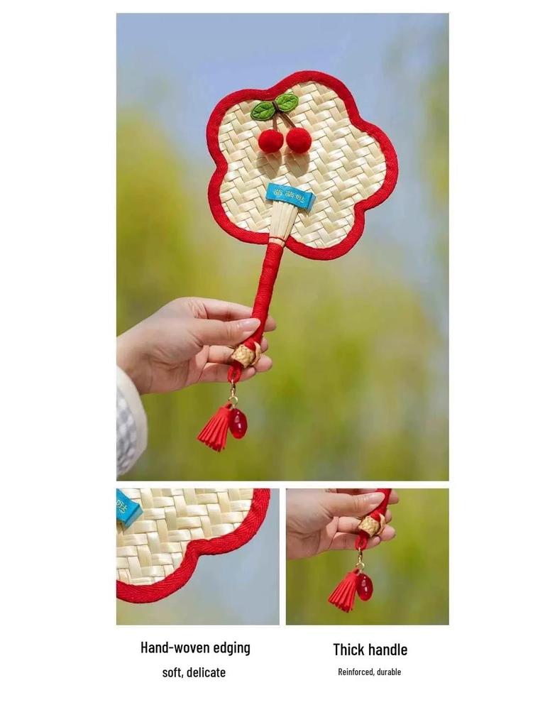 Cherry Handmade Mini Cattail Fan - Cute Cartoon Design, Portable Ancient Chinese Style for Summer