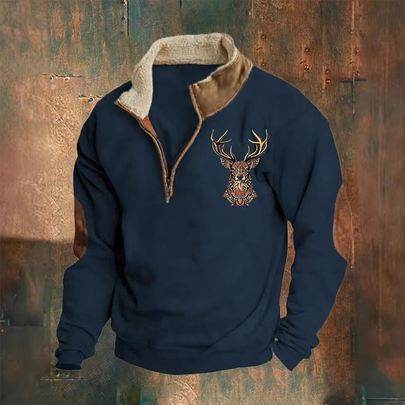 Cloth W Herfst Winter Heren Pullover Sweatshirts Rits Fleece Lange Mouw Patchwork Hoodies Vintage Bontkraag Eland Stam Grafiek Oversized Tops XL marineblauwe kleur