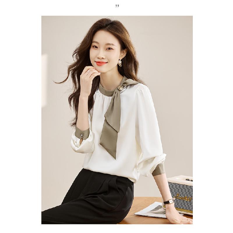 Gentle Collar Bow Tie Shirt for Women, 2026 Spring and Autumn New Style, Color Block Ribbon Design Satin Top
