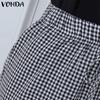 VONDA Women Casual Elastic Waist Drawstring Plaid Trousers