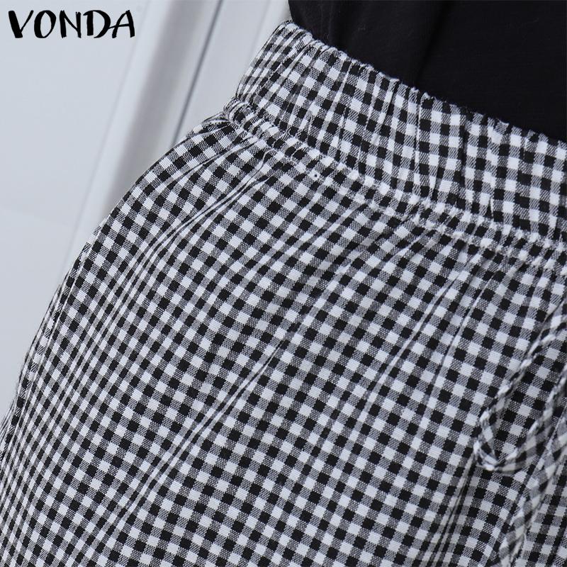 VONDA Women Casual Elastic Waist Drawstring Plaid Trousers