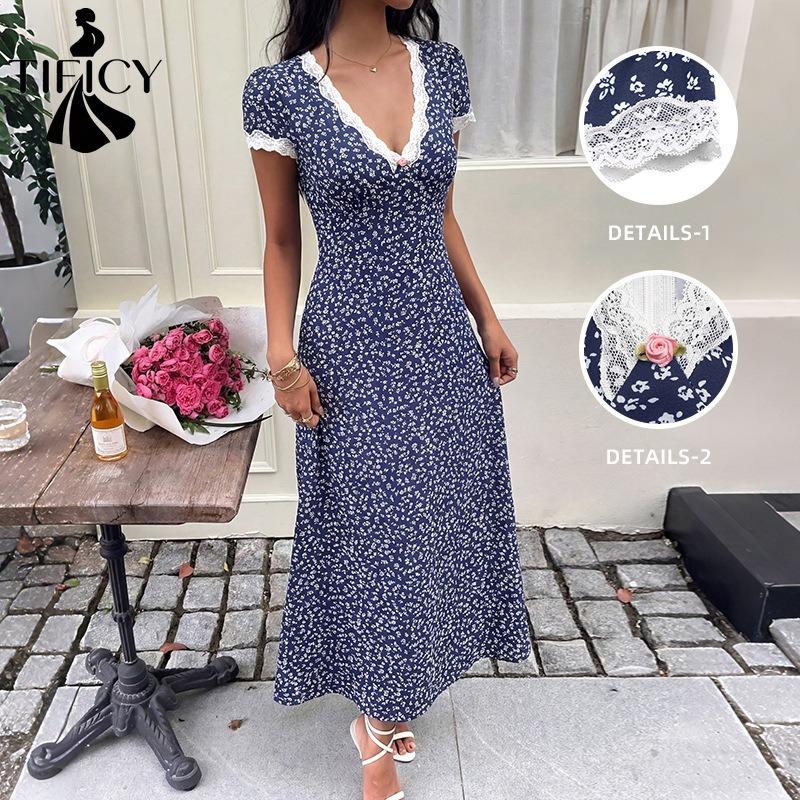 Damenmode Sommer Frühling Blumenmuster Druck Kurzarm V-Ausschnitt Hohe Taille Freizeitkleider