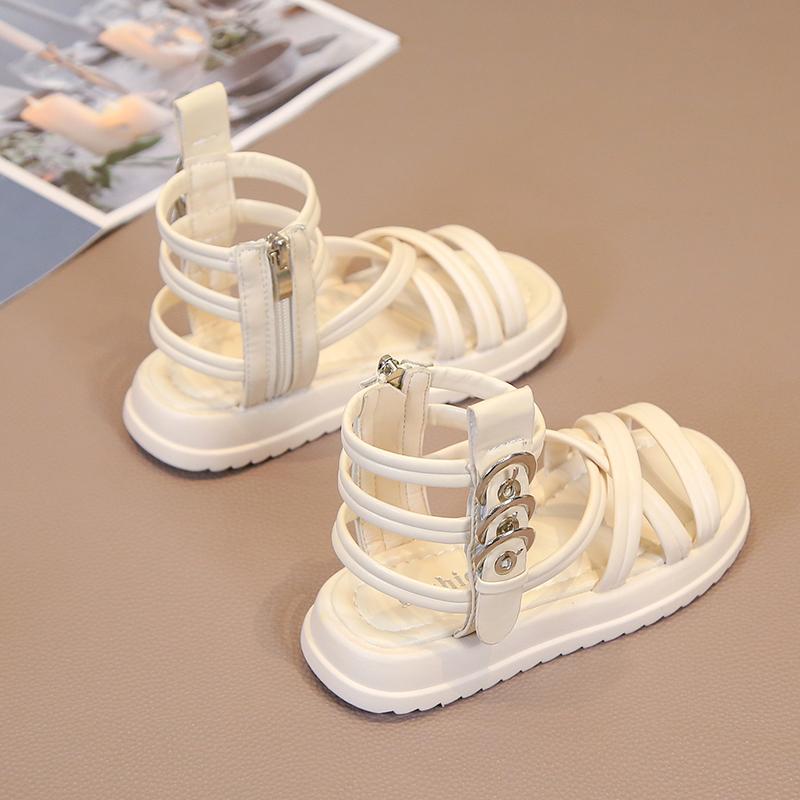Girls Summer Gladiator Sandals with Side Zippers Metal Buckles Deco Cool Fashion 2024 Summer Brand New Kids Beach Shoes High-top