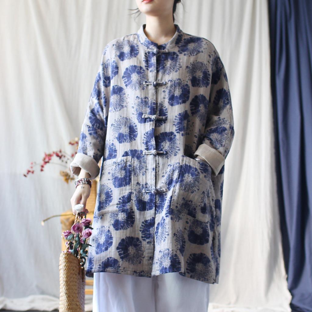 Johnature Women Vintage Bat Sleeve Print Floral Stand Coats Chinese Style Cloths Spring Loose Coats