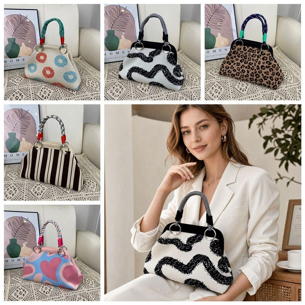 Colorful Print Top Handle Purse Knit Fabric Dumpling Shoulder Bag Cute Woven Handle Handbag  Work