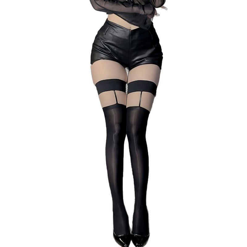 Pure Desire Oily Black Sexy Stockings Red Edge Splicing Thin Sexy Thigh Stockings Black Silk Seduction Horse Oil Stockings