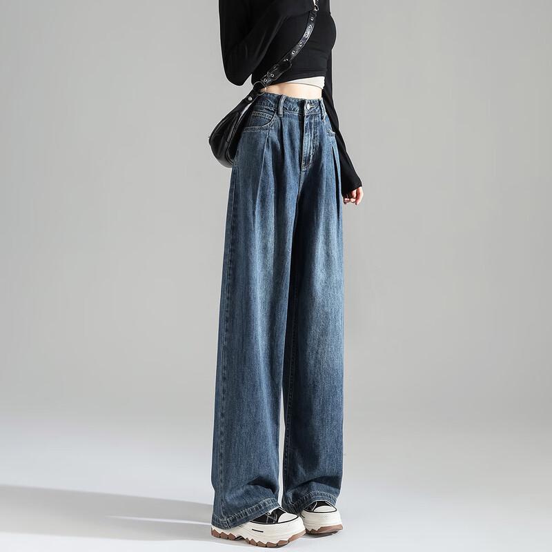 

TonLion Women s Pleated Waist Wide-Leg Denim Pants 27