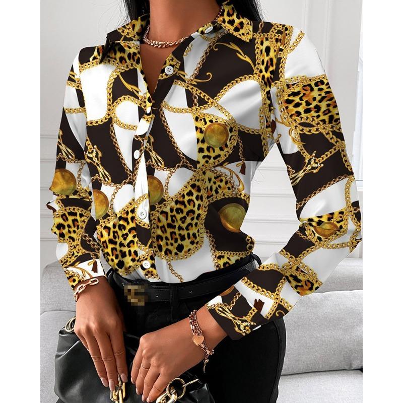 Women Fashion Wild Shirts Chain/Floral/Letter/Geometric Square Print Turn-Down Collar Long Sleeve Blouses