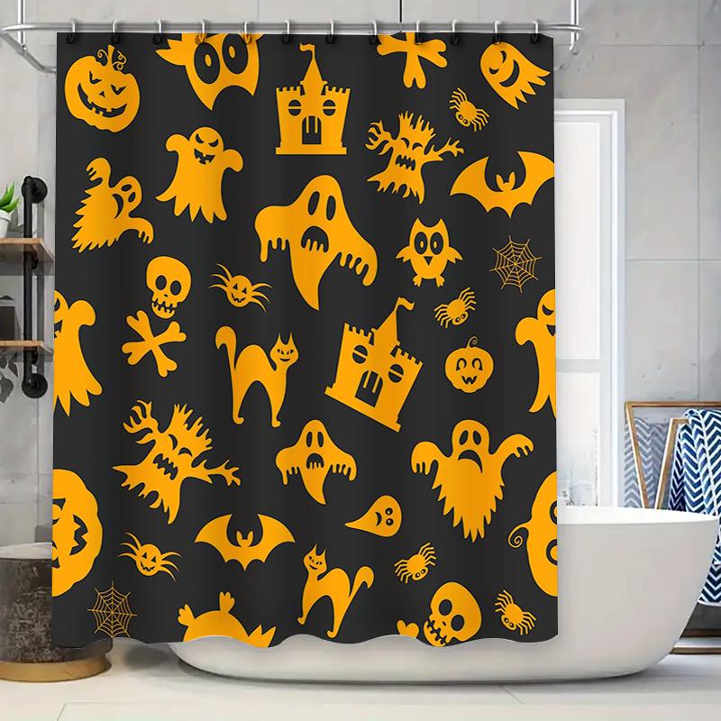 

Spooky Halloween Shower Curtain Featuring Bats, Ghosts Witches Waterproof Fabric In Black Orange For Spooky Decoration In The Ba W60H190(CM)-1 Pcs