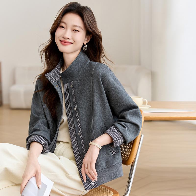 Damen 2025 Kariertes Patchwork Stehkragen Frühlingsjacke - Vielseitiges Lässiges Mode Sweatshirt Oberteil