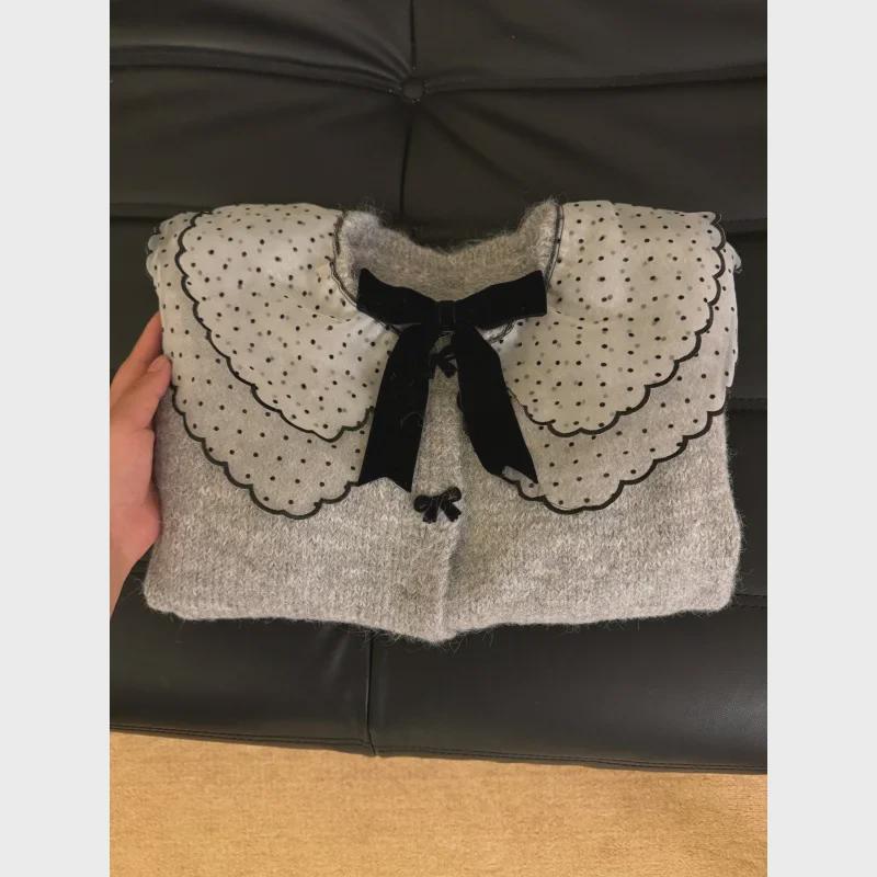 Women's Cozy Gray Knit Cardigan with Doll Collar - Korean Autumn/Winter Style