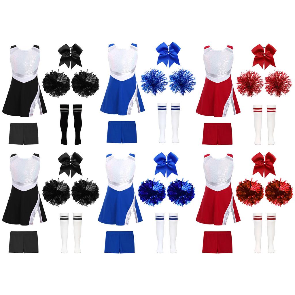 Kids Girls Dance Outfit Round Neck Sleeveless Dress with Shorts Bowknot Headwear Hand Flowers Socks Cheerleading Uniform Outfits