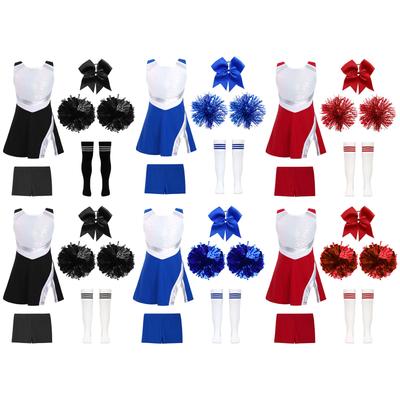Kids Girls Shiny Cheerleading Costume Schoolgirls Dance Dress Uniform Complete Outfit with Pom Poms for Halloween Party