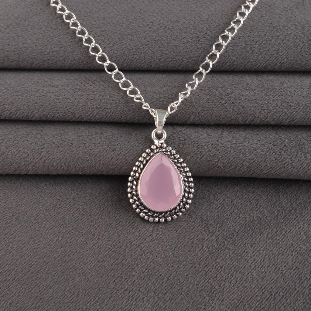 Rose Chalcedony Gemstone 925 Sterling Silver Handcrafted Jewelry Everyday Wear Pendant 1.5" For Her APP-2-16