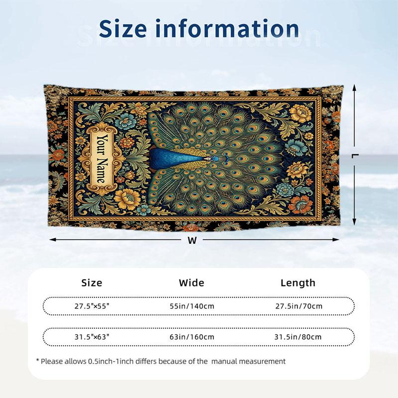 Peacock Art Nouveau 1 Theme Quick Dry Beach Towel Custom Name Text Print Large Sand Resistant Towel Beach Vacation