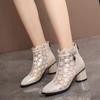Women's Fashion Rhinestones Gauze Boots Thick Square Ankle Heel Zip Mesh Breathable Shoes Boot