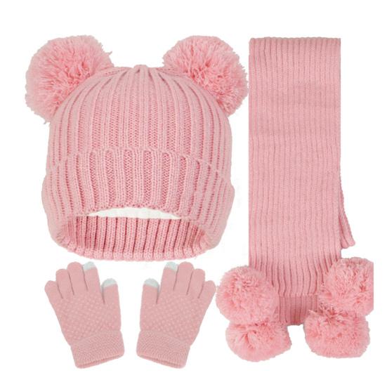 3Pcs/Set Kids Hat Scarf Gloves Set Solid Color Jacquard Plush Ball Decor Knitting Hat Long Scarf Winter Gloves Set