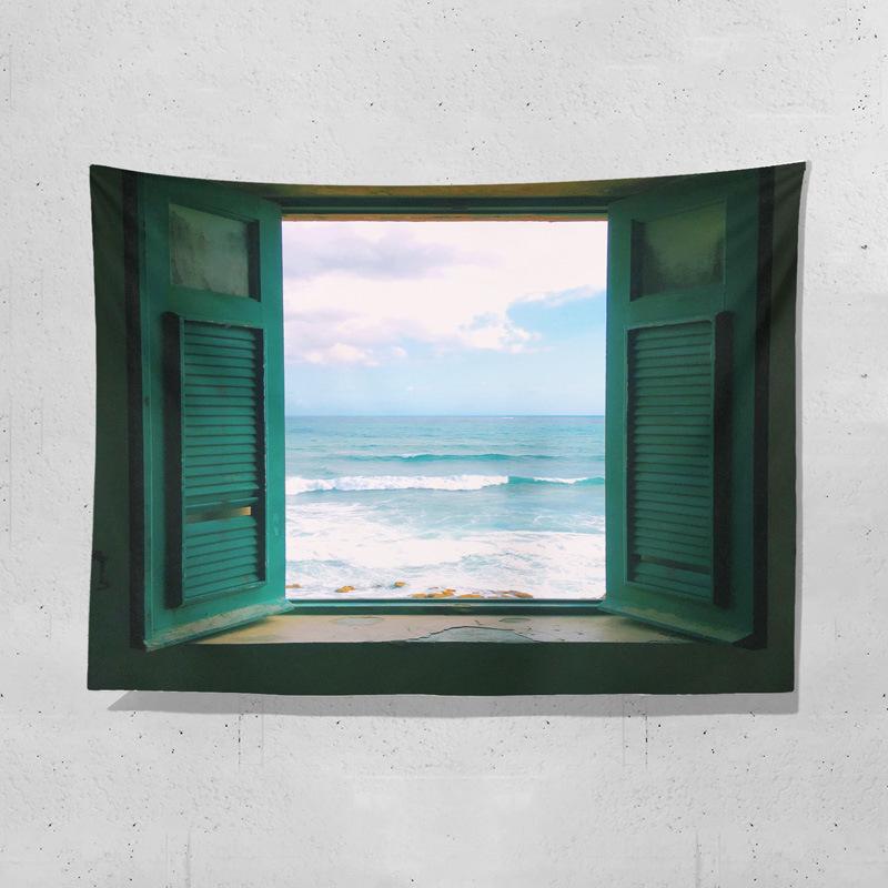 Oceanview window backdrop fabric digitalprinted polyester tapestries living rooms bedrooms macrame wall hanging room decor