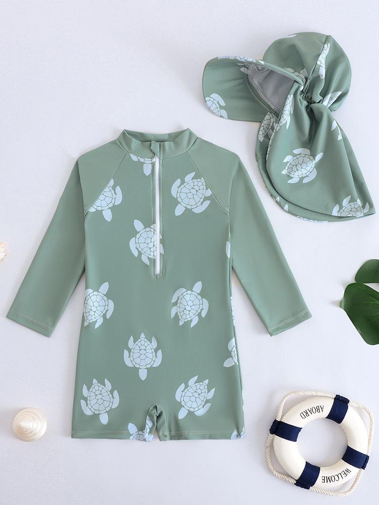 Children s one-piece swimsuit Boys Sunscreen Quick-drying Long Sleeve Cartoon Turtle Print Baby Swimsuit Baby Swimsuit 70 зелёный